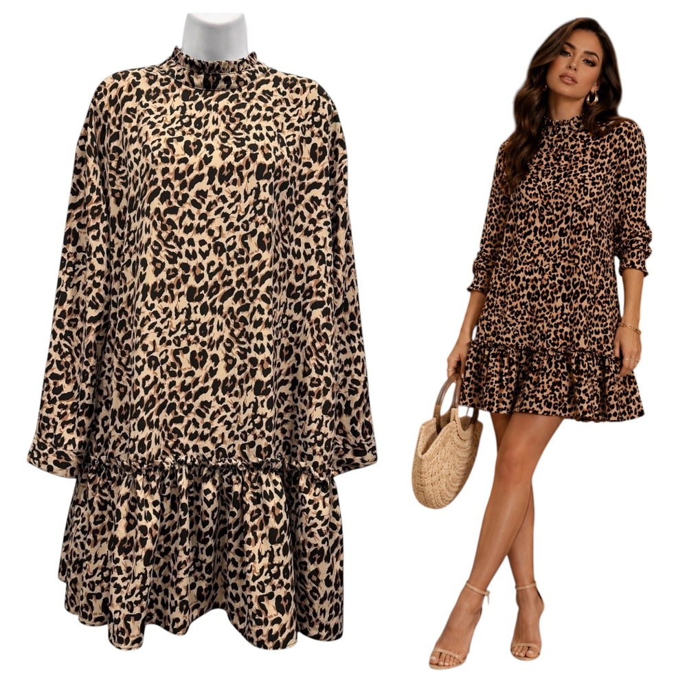 ASOS Animal Print Mini Dress Drop Waist‎ Ruffle Hem Mob Wife Edgy Glam Size 8